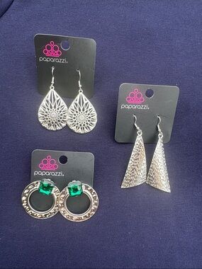 paparazzi Silver Filigree, Textured Triangle & Emerald Circle Earring Sets